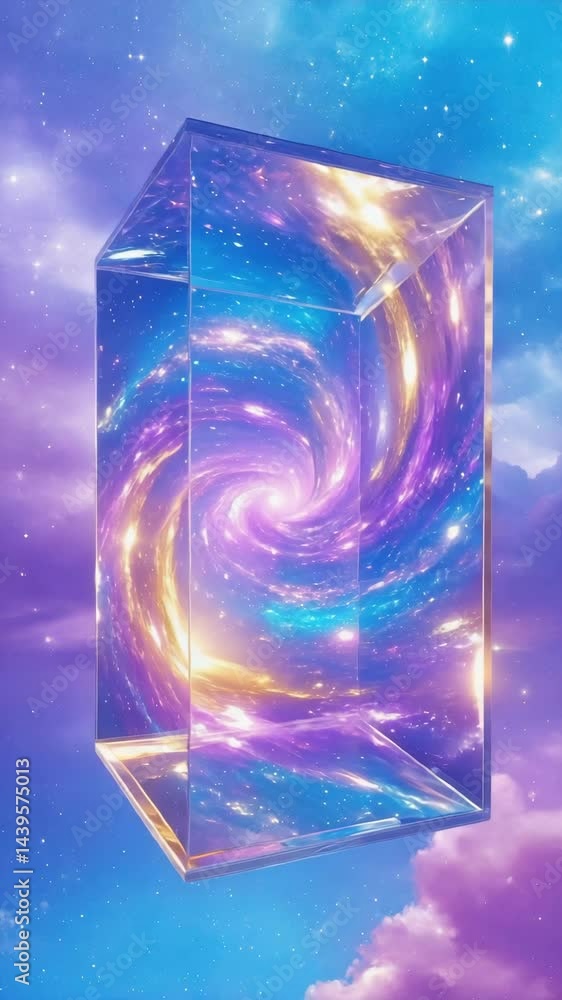 Poster abstract glass cube containing swirling galaxy inside.