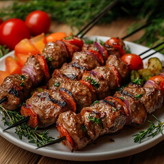 shish kebab on skewers on a plate and vegetables on a plate are on the table side view realistic photo rich delicious photo