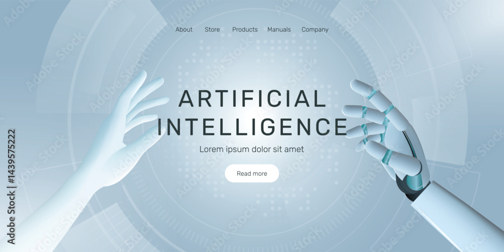 Wall mural web banner with human hand and android robot hand, technology, development of artificial intelligenc