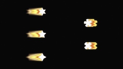 Three golden shooting stars and two white puzzle pieces, symbolizing success, teamwork, and collaboration. Suitable for motivation themed designs.