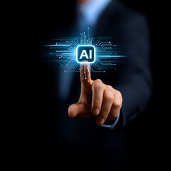 Main sur icône IA futuriste