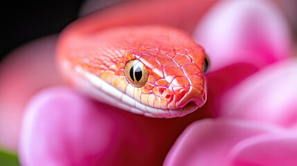 Obraz premium Albino Corn Snake Pink Flowers Vibrant Macro Photography Close-up Profile View Scaly Texture Resting Amidst Blossoms Pink Coral Hues Nature Photography