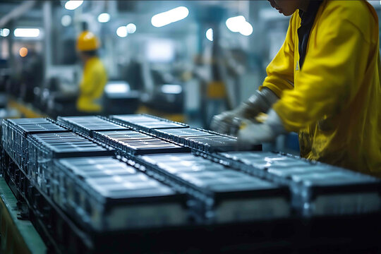 Workers with Asian faces assembling golf cart batteries Panoramic