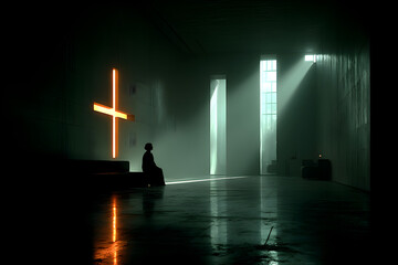 Naklejka premium Image of a person kneeling in front of a large cross in a minimalist church, with soft light streaming from the windows, minimalist style.