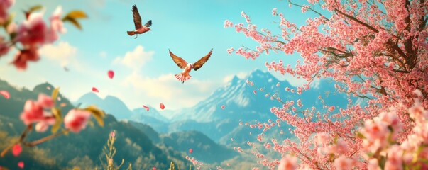 Serene Springtime: Birds in Flight Amidst Cherry Blossoms and Majestic Mountains