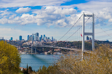 Fototapeta premium Istanbul Bosphorus Bridge or 15th July Martyrs Bridge with Istanbul panorama cityscape during summer sunny day. Istanbul, Turkiye