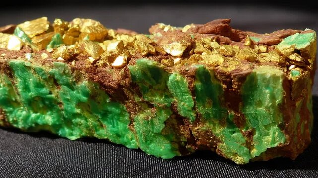 Close up of green Fuchsite rock matrix with gold colored pyrite mineral inclusions on a dark surface.