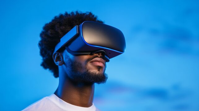 African American male experiencing virtual reality outdoors, futuristic technology leisure, innovation concept, immersive digital experience background