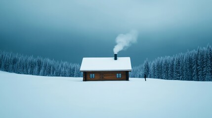 Cozy cabin in snowy winter landscape, smoking chimney, peaceful retreat, Christmas holiday, serene nature, tranquil escape scene