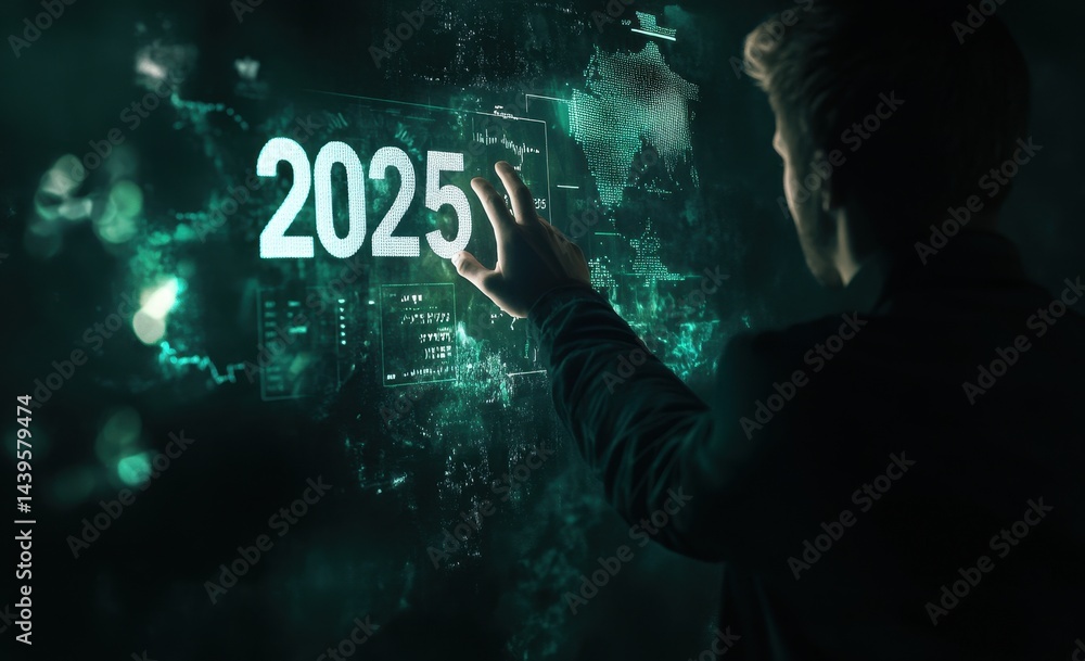 Poster futuristic vision for 2025. a person interacts with a holographic display showing data and the year 