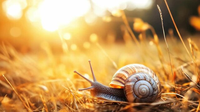 Snail crawling through golden grass in warm sunlight, creating bokeh background, highlighting textures and details in its shell and body