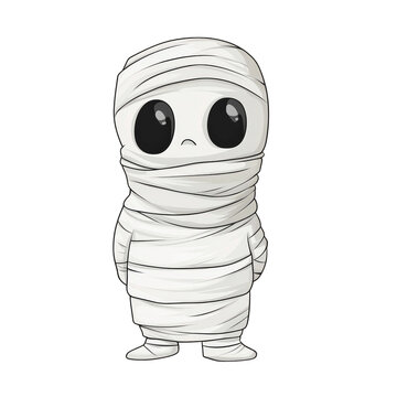 Cute cartoon mummy character wrapped in bandages, with big expressive eyes, standing upright on a transparent background, perfect for Halloween or spooky themed designs.