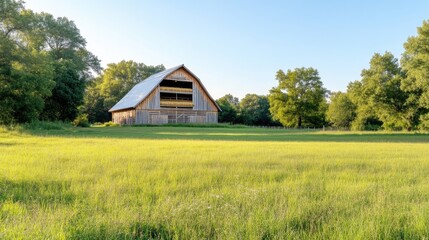 Obraz premium Rustic barn in a grassy field under a clear sky