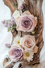 A close-up of an elegant wooden driftwood piece highlighting smooth, natural curves and refined texture  