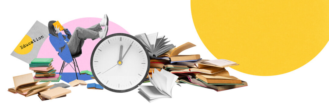 Teen girl, student sitting on chair with book covering face, near large clock surrounded by open colorful books. Exam preparation. Concept of education, time management, balance, stress