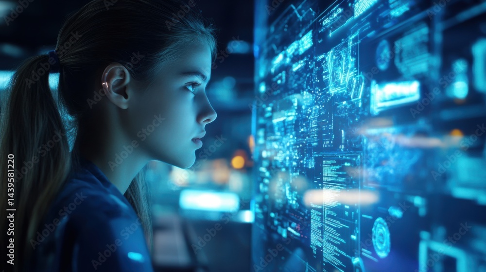 Poster a young woman intently analyzes a futuristic digital interface filled with data and holographic grap