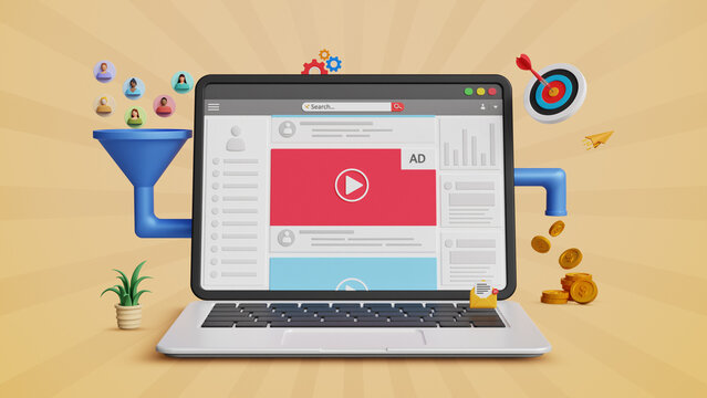 Sales funnel, lead generation, digital marketing conversion. Advertising campaign, online ads and purchase rate concept. Conversion of leads into prospects and customers on a 3D laptop