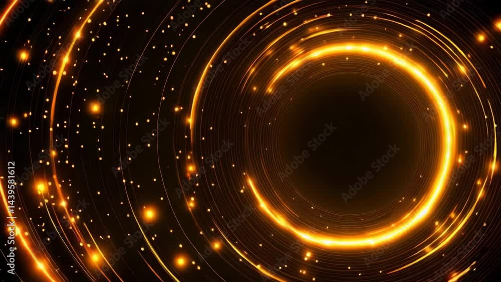 Poster glowing golden rings and sparkling particles swirl in a dark, abstract space, creating a vibrant fut