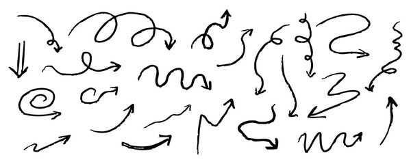 Arrow crayon chalk hand drawn doodle grunge line set. Cursor scribble wavy swirl, comic simple element. Spiral textured direction pointer.