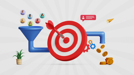 Conversion rate optimization, CRO, Leads generation, sales funnel. Customer-centric strategies, marketing, advertising campaign, online ads. Converting customers data into sales. 3D illustration