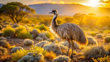 Golden Hour Emu in Arid Shrubland A Majestic Wildlife Scene at Sunset