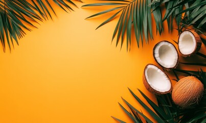 Tropical Coconut and Green Palm Leaves on Bright Yellow Background