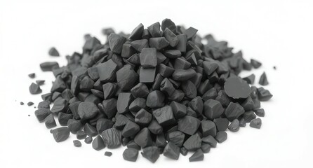 Pile of Black Coal Nuggets on White Background, Close-Up of Carbon Pieces for Energy or Industry
