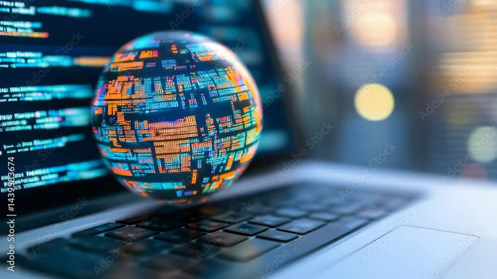 Poster a glass sphere reflects colorful programming code on a laptop keyboard, symbolizing technology and d