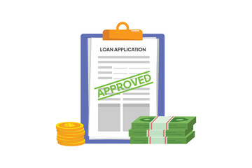 Approved loan with money and coins. Financial credit concept. Vector flat design isolated