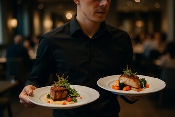 A close-up shot of a waiter dressed in a black shirt, gracefully carrying two elegantly plated dishes filled with gourmet food.