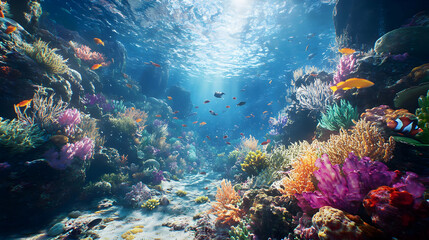 Obraz premium Vibrant Coral Reef: Underwater Scene of Colorful Corals and Fish