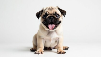Playful pug puppy isolated, ears up, tongue out, white backdrop, puppy, white