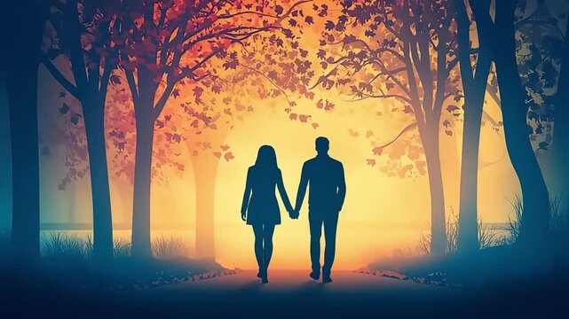 Silhouetted couple walks holding hands in a forest with autumn leaves at sunset. Romantic animated scene