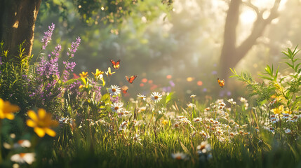 Fototapeta premium Serene Summer Meadow: Butterflies and Wildflowers in Sunlight