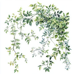 Watercolor illustration of elegant leafy vine, fresh and vibrant