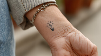 Small Lightbulb Tattoo: A close-up shot focusing on a minimalist lightbulb tattoo on a person's wrist. The tattoo is small, simple, and subtly detailed, suggesting a creative spark or innovative idea.