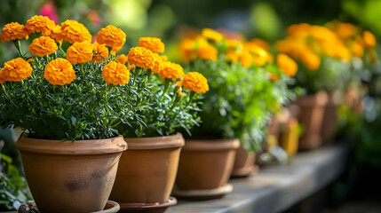 Naklejka premium Vibrant Orange Marigolds in Terracotta Pots