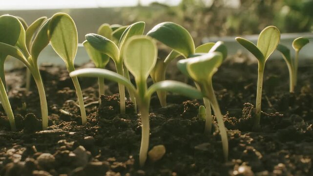 Nature awakens, young green shoots grow from the ground