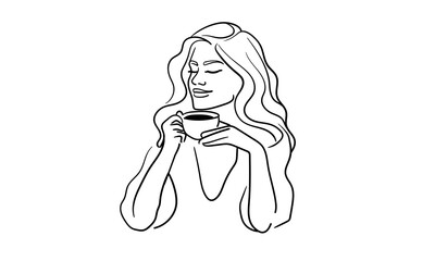 Woman drink coffee, line art drawing. Barista made tea on white background. Enjoying the moment now. Vector illustration