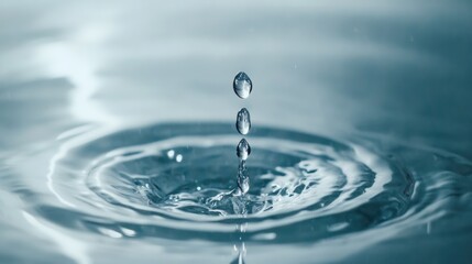 Water droplet falling, creating ripples, serene background, purity concept