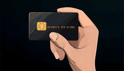 A hand holds a dark credit card against a dark backdrop