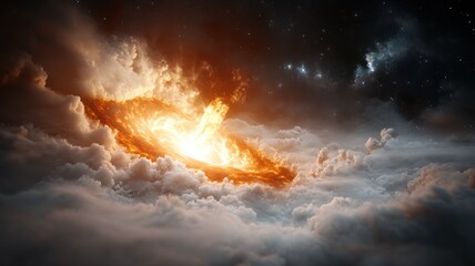Cosmic Inferno: A Fiery Galaxy Emerges from Cloudscape galaxy space cosmos clouds nebula astronomy