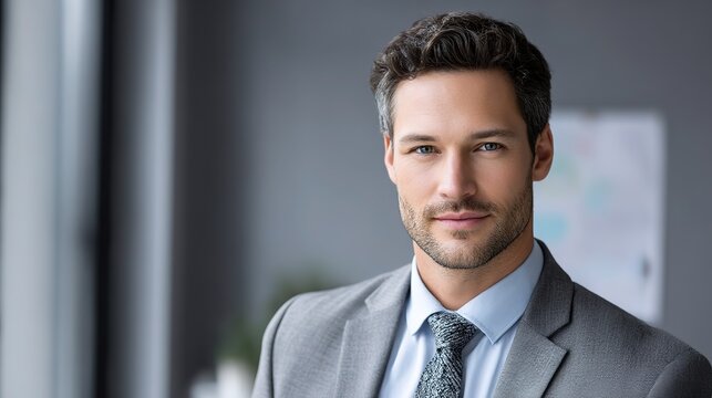 Confident businessman in formal wear with a warm smile, embodying professionalism and success
