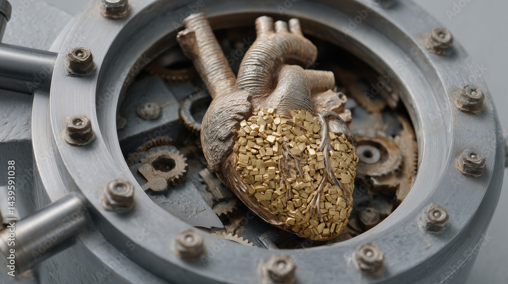 Poster mechanical heart: a symbolic image of a golden heart nestled within intricate clockwork gears, repre