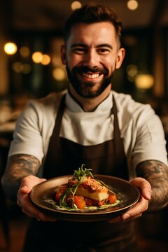 A confident chef in a modern upscale restaurant smiling while presenting a beautifully plated dish to the camera.