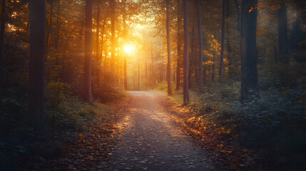 Obraz premium Sunset Forest Path: A Serene Autumn Landscape