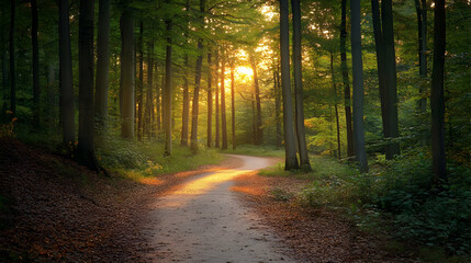 Obraz premium Sunlit Forest Path: A Scenic Autumn Walk