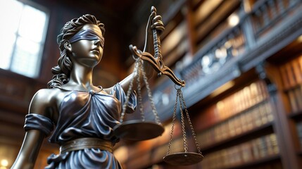 Justice statue with scales in a library
