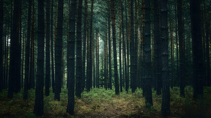 Obraz premium Enchanted Forest: A Serene Landscape of Tall Pine Trees