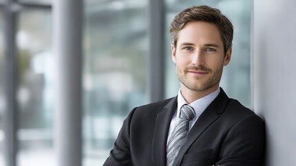Fototapeta premium Confident businessman in formal wear with a warm smile, embodying professionalism and success 